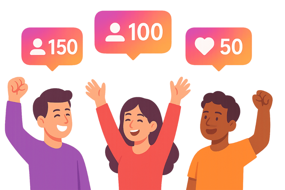 Personas celebrando el crecimiento en redes sociales